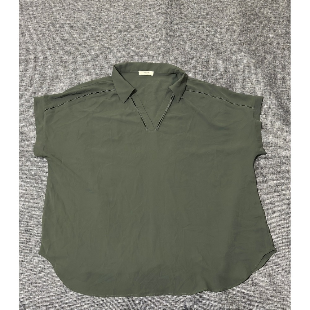 Timeson Women's‎ XXL Blouse Olive Green Short Sleeve V-Neck Chiffon Crochet Trim